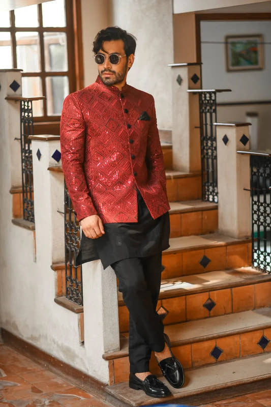 Maroon Sequins Prince Coat - Snug