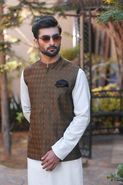 Self Embroidered Kurta Trouser With Diamond WaistCoat