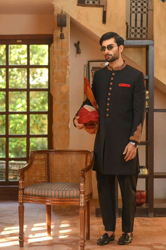 Black Hand Embroidered Sherwani - Snug