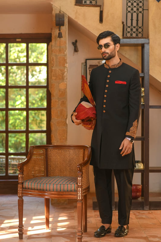 Black Hand Embroidered Sherwani