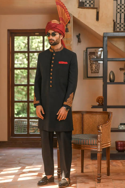 Black Hand Embroidered Sherwani - Snug