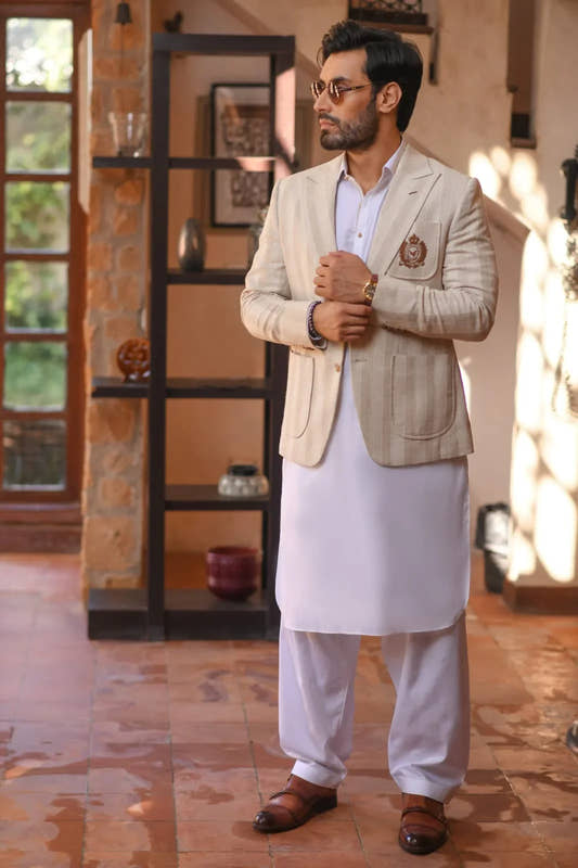 Chest Embroidery Qamiz Shalwar With Broad Stripes Blazer - Snug