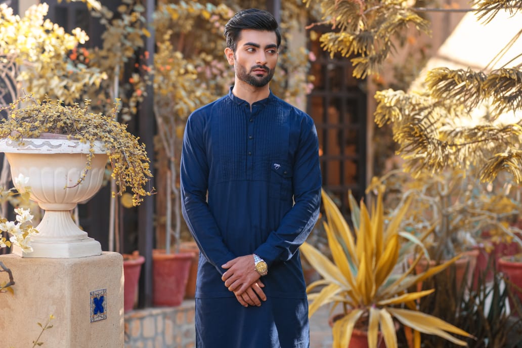 Navy Blue Pleated Linen Kurta Trouser.