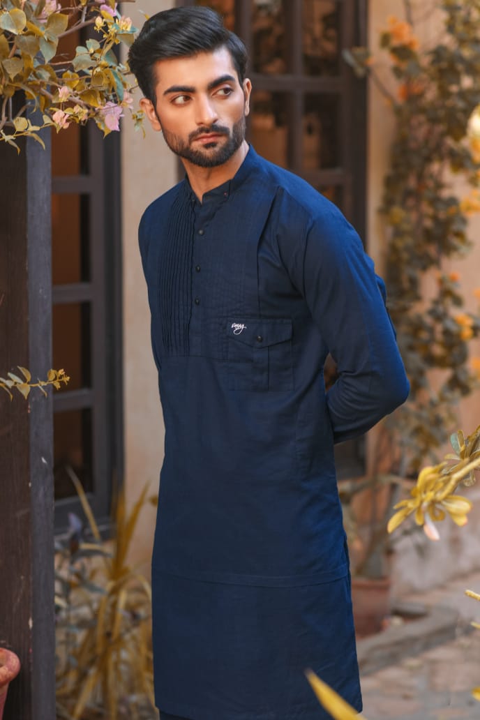 Navy Blue Pleated Linen Kurta Trouser.