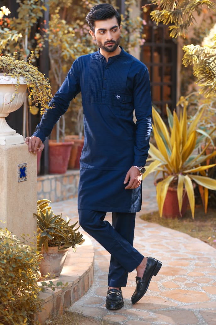 Navy Blue Pleated Linen Kurta Trouser.