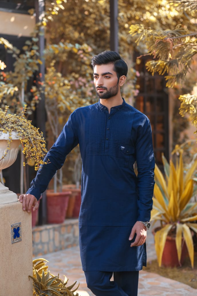 Navy Blue Pleated Linen Kurta Trouser.