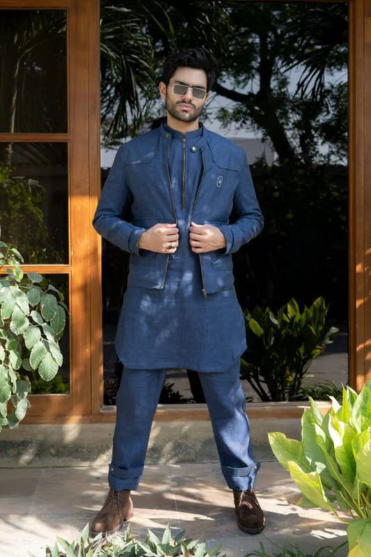 Blue Linen Patched kurta & Jacket. - Snug