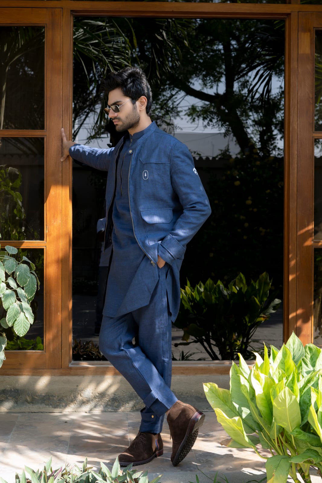 Blue Linen Patched kurta & Jacket.