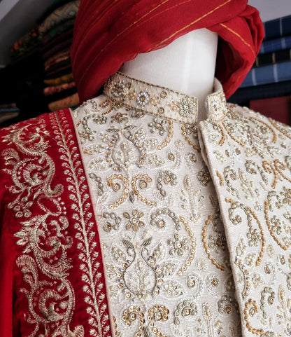 White Hand Embroidered Groom's Sherwani