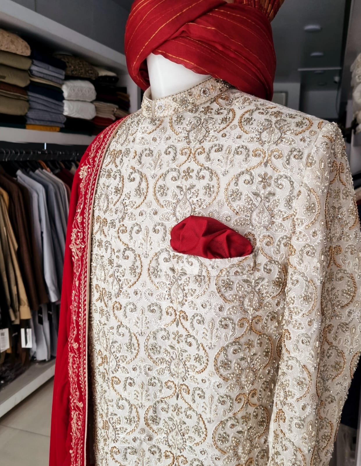 White Hand Embroidered Groom's Sherwani