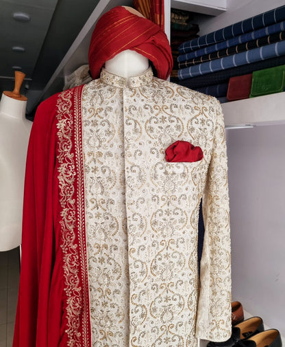 White Hand Embroidered Groom's Sherwani