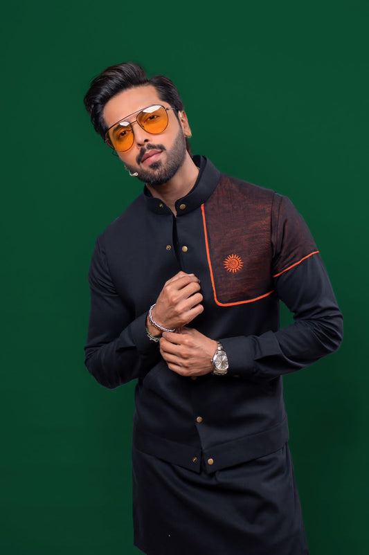 Rustic Elegance: Fahad Mustafa Black Linen Kurta, Trouser & Waistcoat Ensemble.