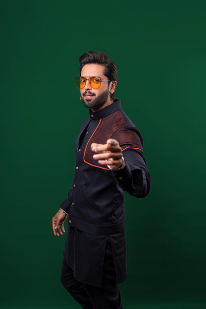 Rustic Elegance: Fahad Mustafa Black Linen Kurta, Trouser & Waistcoat Ensemble.