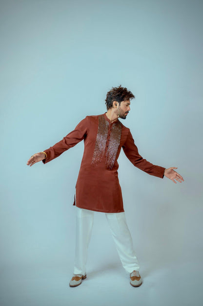 Snug's Tobacco Brown Hand-Embroidered Kurta Trouser Set: As Worn by Fahad Mustafa - Elevate Your Style.