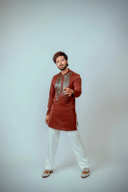 Snug's Tobacco Brown Hand-Embroidered Kurta Trouser Set: As Worn by Fahad Mustafa - Elevate Your Style. - Snug