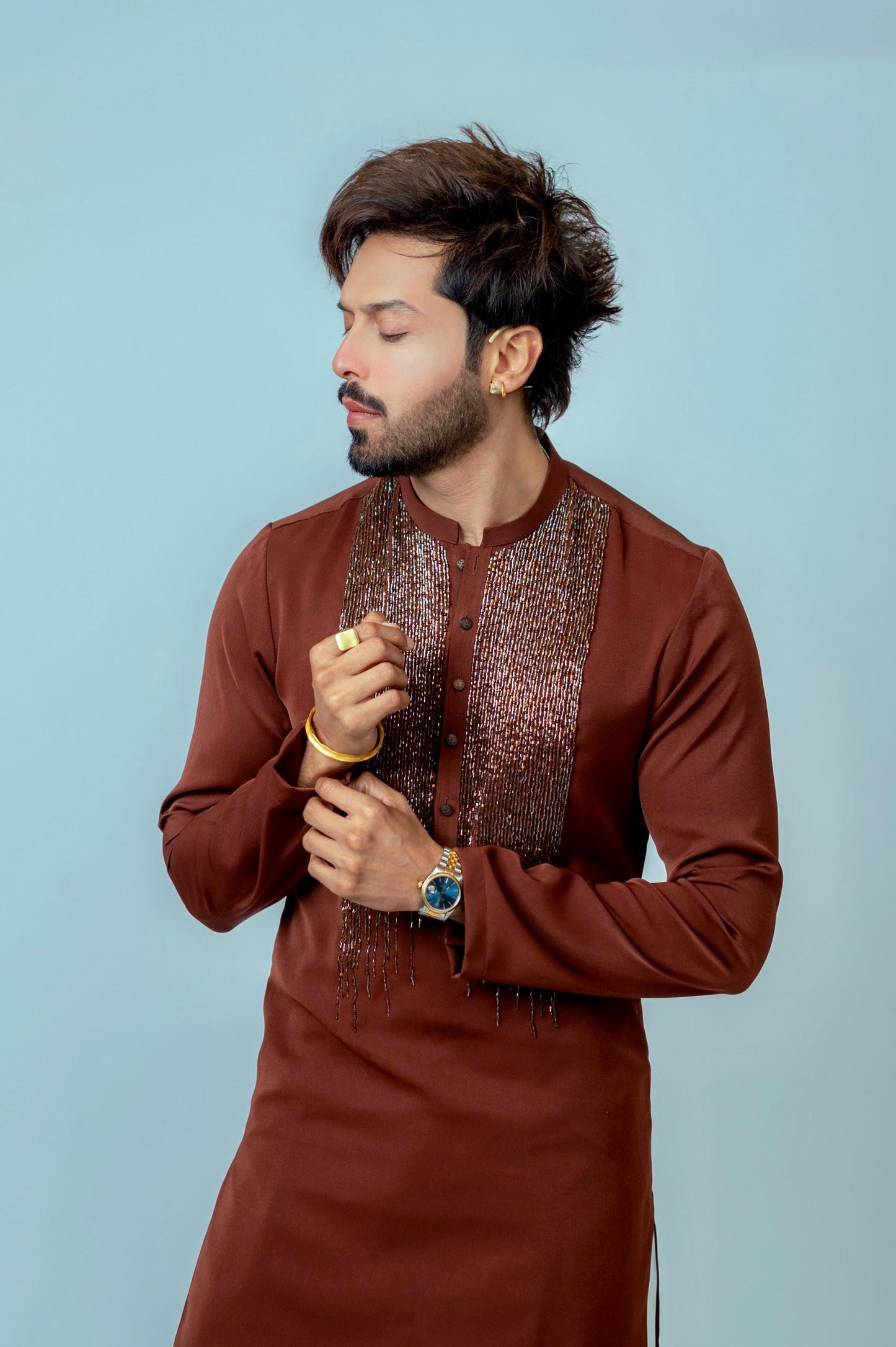 Snug's Tobacco Brown Hand-Embroidered Kurta Trouser Set: As Worn by Fahad Mustafa - Elevate Your Style.