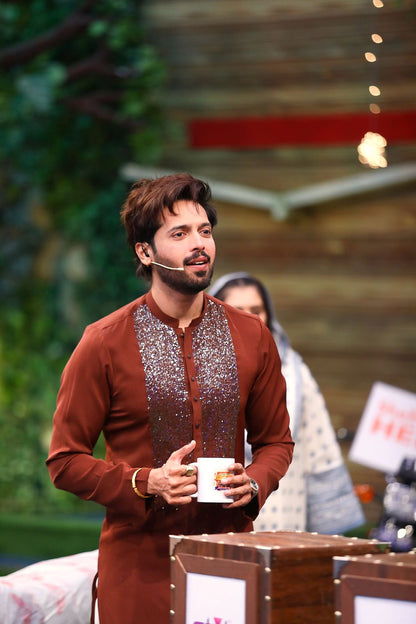 Snug's Tobacco Brown Hand-Embroidered Kurta Trouser Set: As Worn by Fahad Mustafa - Elevate Your Style.