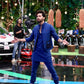 Royal Blue Linen Eagle Print Kurta Trouser Set with Waistcoat - Fahad Mustafa Collection.