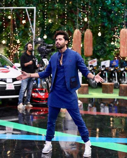 Royal Blue Linen Eagle Print Kurta Trouser Set with Waistcoat - Fahad Mustafa Collection.