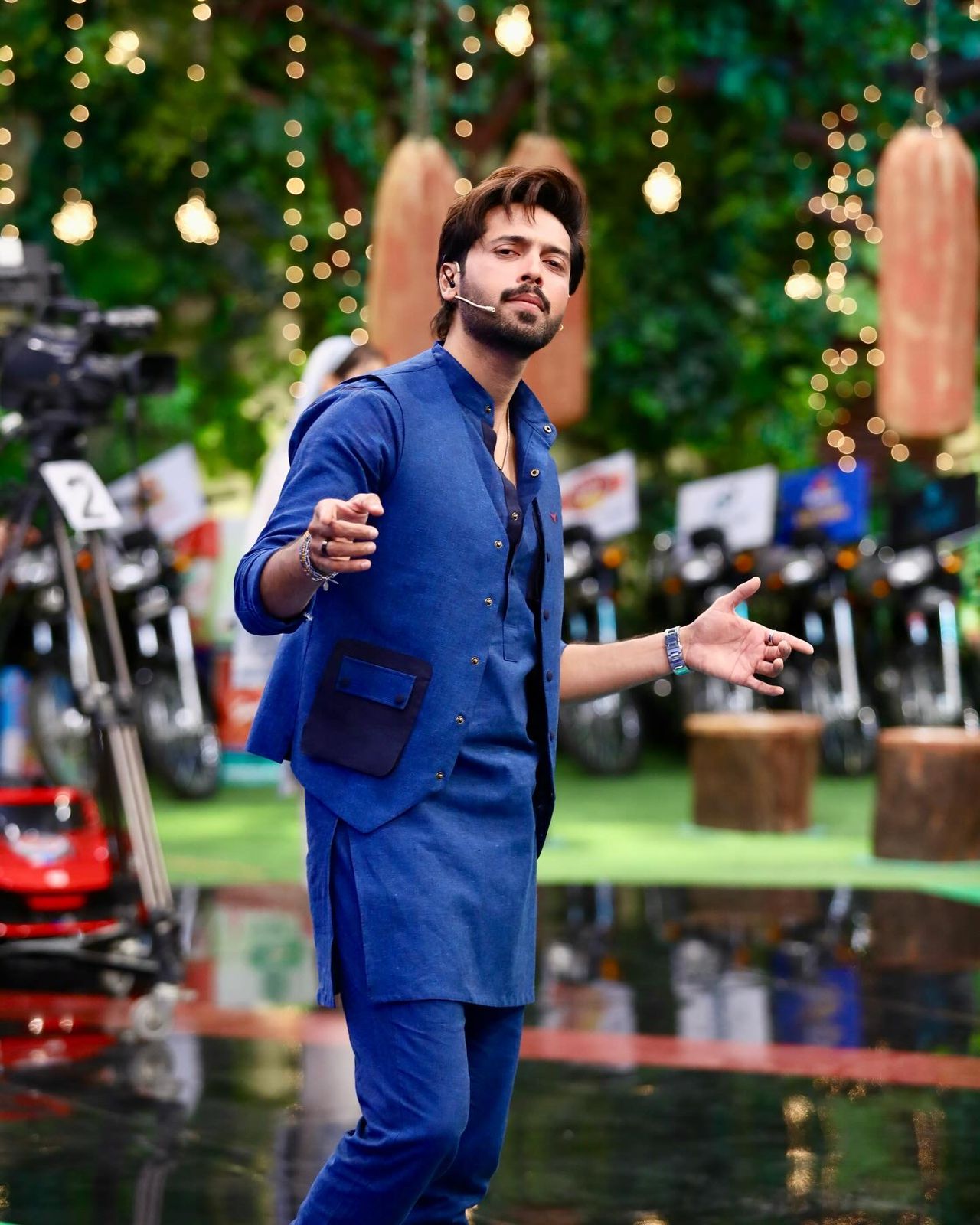 Royal Blue Linen Eagle Print Kurta Trouser Set with Waistcoat - Fahad Mustafa Collection.