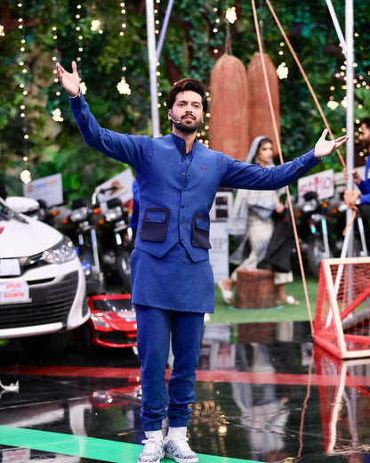 Royal Blue Linen Eagle Print Kurta Trouser Set with Waistcoat - Fahad Mustafa Collection.