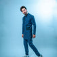 Royal Blue Linen Eagle Print Kurta Trouser Set with Waistcoat - Fahad Mustafa Collection.