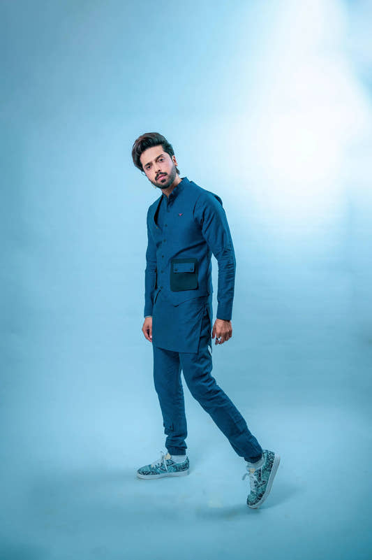 Royal Blue Linen Eagle Print Kurta Trouser Set with Waistcoat - Fahad Mustafa Collection. - Snug