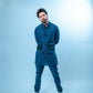 Royal Blue Linen Eagle Print Kurta Trouser Set with Waistcoat - Fahad Mustafa Collection.