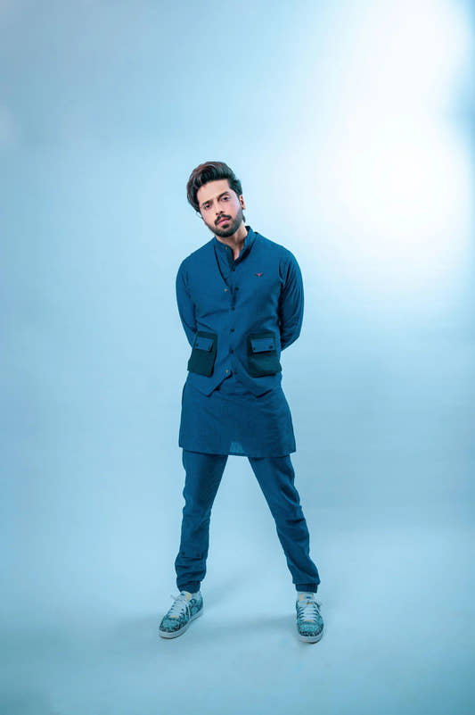 Royal Blue Linen Eagle Print Kurta Trouser Set with Waistcoat - Fahad Mustafa Collection. - Snug