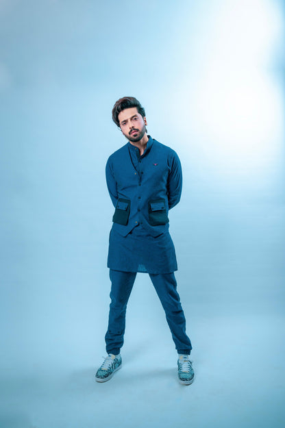 Royal Blue Linen Eagle Print Kurta Trouser Set with Waistcoat - Fahad Mustafa Collection.