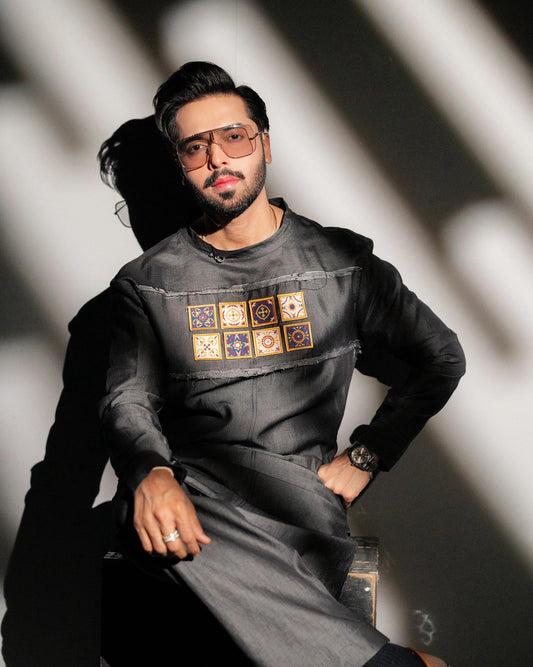 Grey Denim with Embroidered badges Kurta Trouser