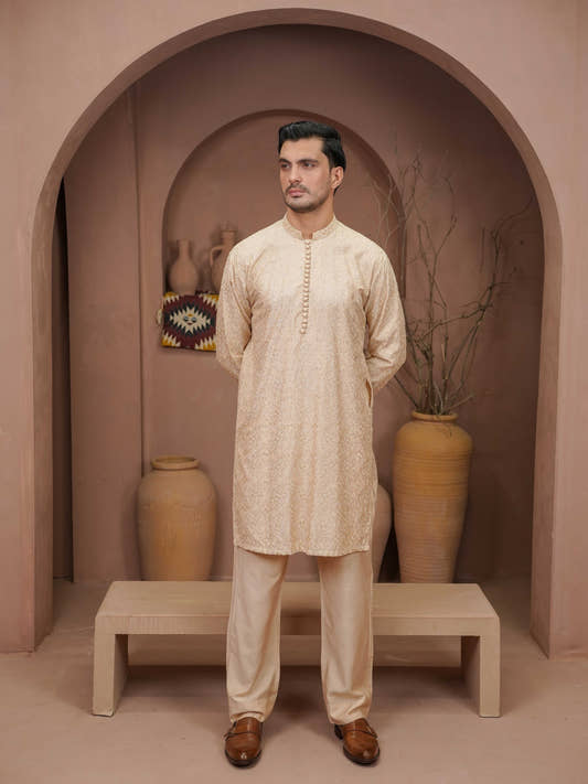Beige Embroidered Kurta Trouser