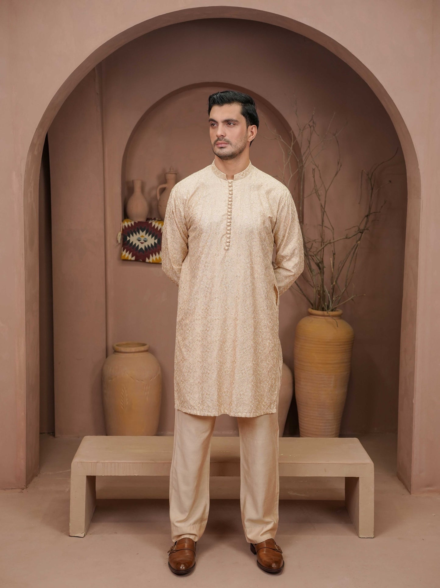Beige Embroidered Kurta Trouser