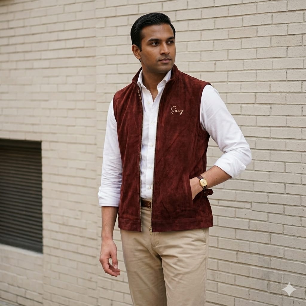Maroon Suede Leather Zipper Waistcoat