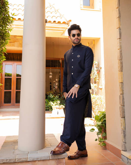 Midnight Blue Kameez Shalwar & Waistcoat. - Snug