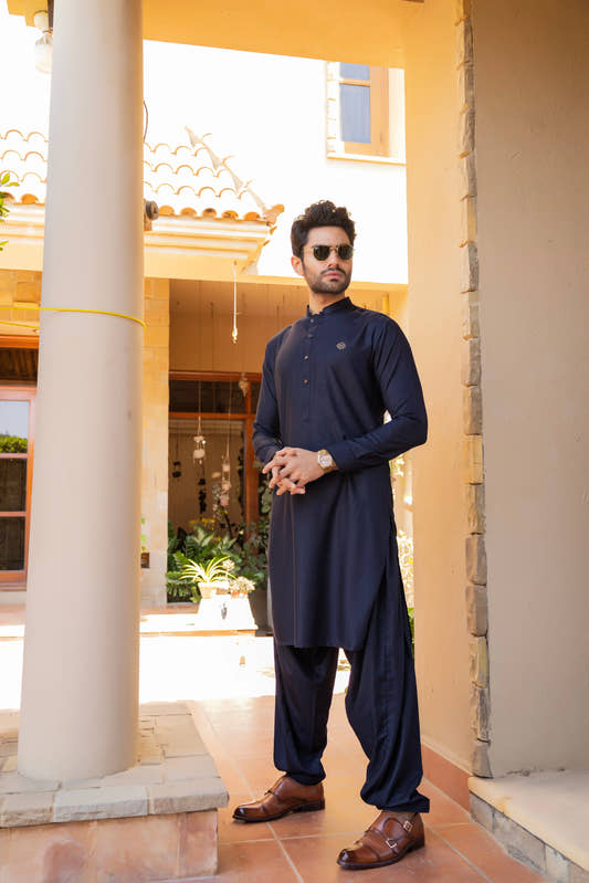 Midnight Blue Kameez Shalwar & Waistcoat. - Snug