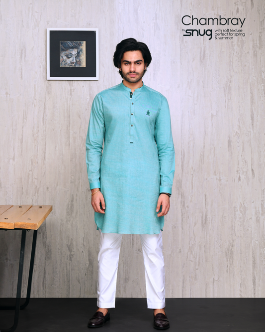 Sea Green Chambray Kurta with Pearl White Trouser