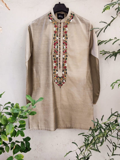 Raw Silk Embroidered Kurta with White Trouser