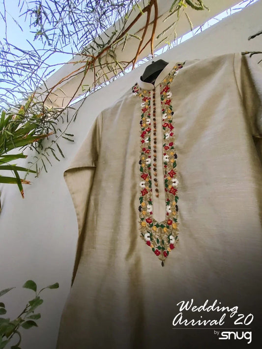 Raw Silk Embroidered Kurta with White Trouser - Snug