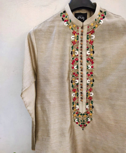 Raw Silk Embroidered Kurta with White Trouser - Snug