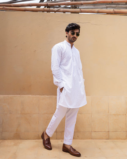 White Self Embroidered Kurta Trouser