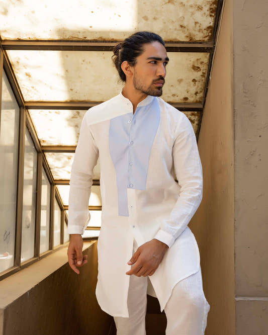 Linen Sky Blue Patched Front Open Kurta Trosuer - Snug