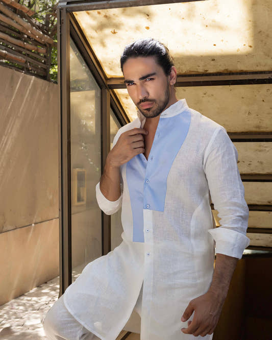 Linen Sky Blue Patched Front Open Kurta Trosuer - Snug