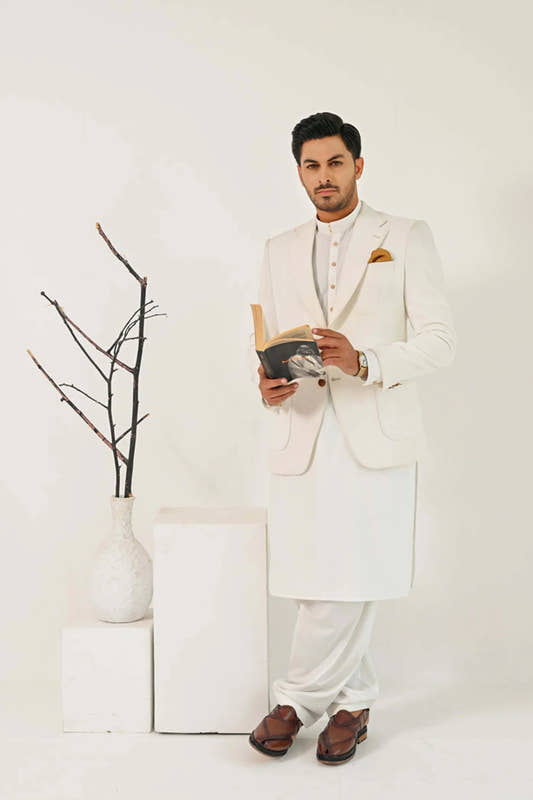 Off White Kurta Shalwar with Self Embossed Blazer - Snug