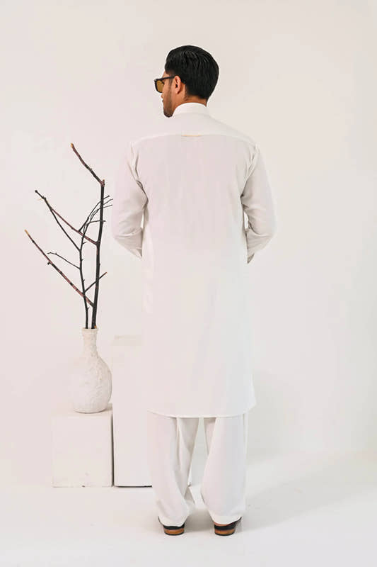 Off White Kurta Shalwar with Self Embossed Blazer - Snug