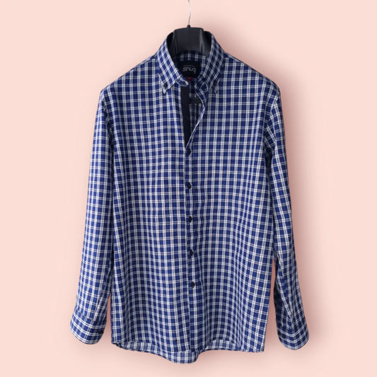 Blue Linen Checkered Shirt. - Snug