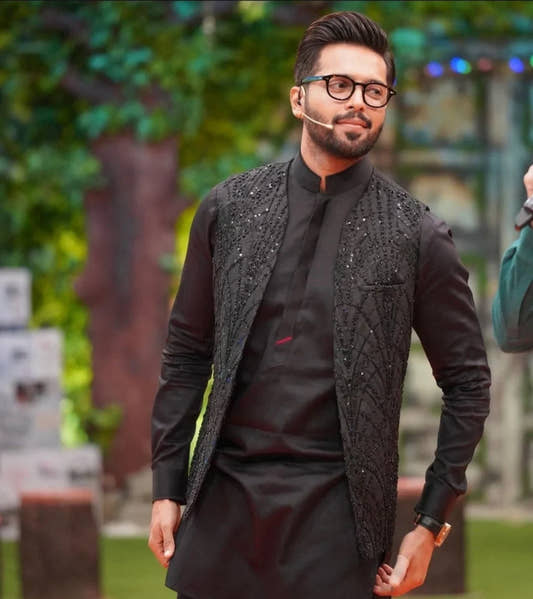 Black Hand Embroidered Waistcoat with Egyptian Cotton Kurta Trouser. - Snug