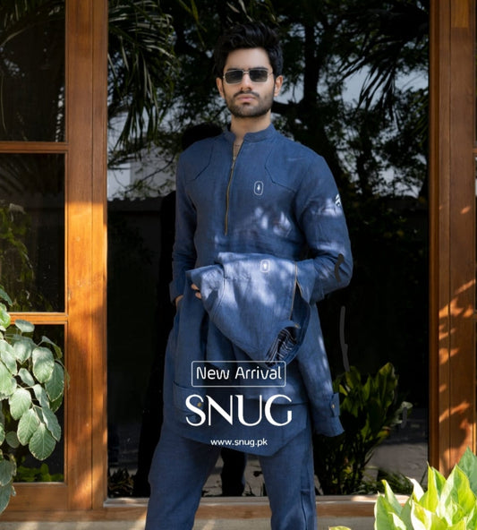 Blue Linen Patched kurta & Jacket.