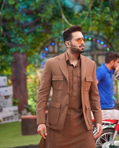 Karandi Finished Kurta Shalwar with Classic Pattern Blazer.