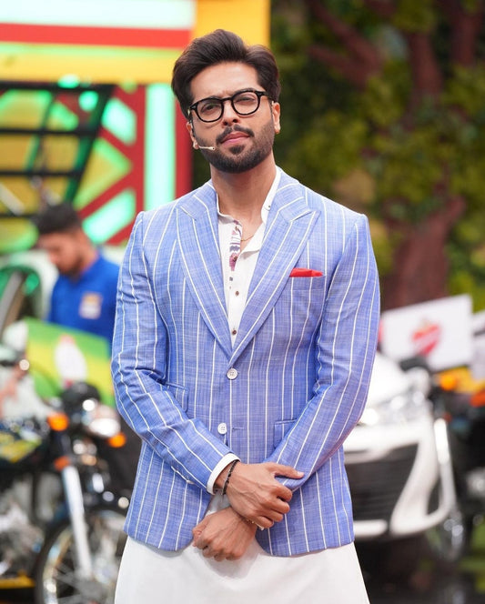 Kurta Shalwar with Blue Stripe Blazer.